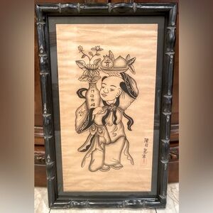 Stamped Antique Chinese Hand Painted Asian Buddhist Wall Scroll Signed 22”X13”.